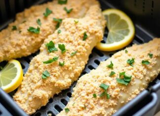 Filé de Tilápia Empanado de Aveia na Air Fryer Filé de tilápia empanado de aveia